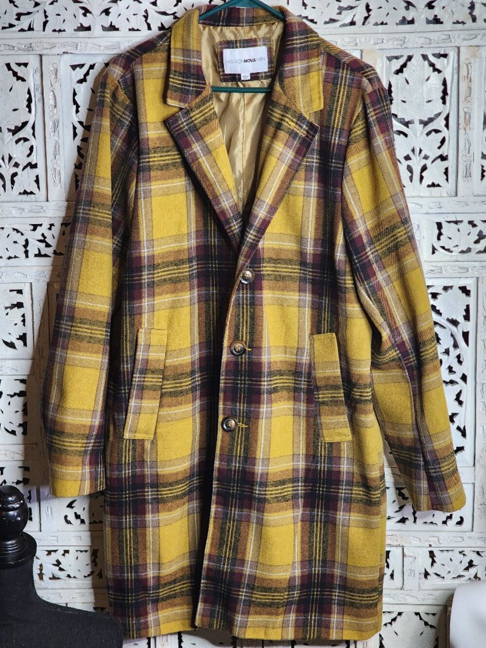 Fashion Nova Men Mustard Brown Plaid Three Button Fully Lined Poly Pea Coat Sz L